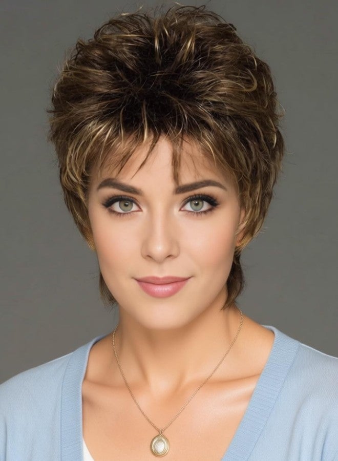 TISHINING Brown Highlight Short Hair Wigs for White Women Shag Layered Brown Mix Blonde Pixie Cut Wig with Bangs Synthetic Natural Looking Daily Party Wig - Image 1